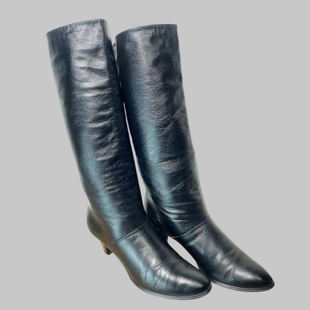 Vintage 1970s/early 1980s Joyce Black Leather Knee High Boots Size 7M - Picture 5 of 9